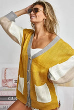 Bibi color block knit cardigan in mustard yellow and white with gray button closure