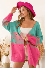 BiBi Color Block Ponpon Sweater Cardigan Turquoise Pink Woman Outerwear