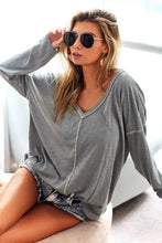 BiBi Contrast Stitching V-Neck Long Sleeve T-Shirt Woman T Shirts
