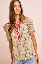 Beige bibi floral gather blouse with red and white striped v-neckline and ruffled floral gather sleeves contrast design