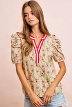 Beige bibi floral gather blouse with floral gather sleeves and red white contrast neckband trim accents