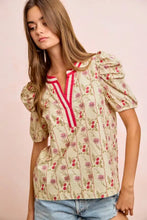Beige bi bi floral gather blouse top with red and white striped v-neckline and puffed floral gather sleeves contrast