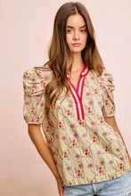Women’s off-white bi bi floral gather blouse with pink red floral gather sleeves and bold red contrast neckband