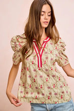 Women’s off-white bibi floral gather blouse with red green floral gather sleeves and bold pink gather sleeves contrast neckband