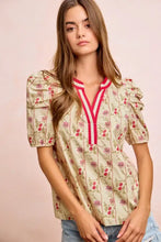 Beige bibi floral gather blouse top with floral gather sleeves and red white contrast neckband accents