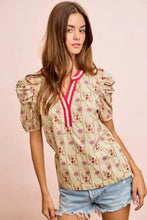 Beige BiBi floral gather blouse with floral gather sleeves and red white striped gather sleeves contrast neckband