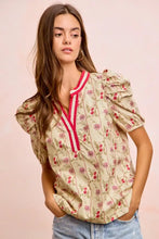 Beige bibi floral gather blouse top with red and white striped v-neckline and floral gather sleeves contrast ruffle design