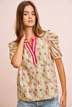 Beige bibi floral gather blouse with red and white striped v-neckline and floral gather sleeves contrast ruffle detail