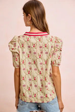 Beige blouse with red and pink floral pattern featuring bibi floral gather sleeves and gather sleeves contrast neckband
