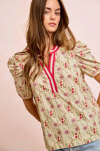 Beige bibi floral gather blouse with floral gather sleeves and red and white gather sleeves contrast neckband trim