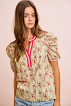 Beige bibi floral gather blouse top with floral gather sleeves and red white striped gather sleeves contrast neckband trim