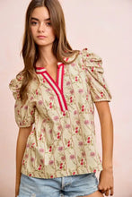 Beige bibi floral gather blouse top with floral gather sleeves and red and white contrast neckband trim details