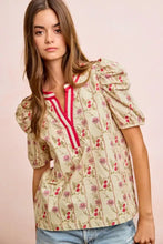 BiBi floral gather cream blouse with floral gather sleeves and bold red gather sleeves contrast neckband detail