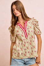 Beige bibi floral gather blouse with red piping and puffed floral gather sleeves contrast neckband top
