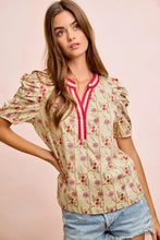 Beige bibi floral gather blouse top with ruffled floral gather sleeves and red-trimmed gather sleeves contrast neckband