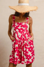 BiBi vibrant pink floral print short overall dress with square neckline
