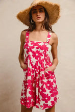 BiBi vibrant pink floral print short overall dress with square neckline