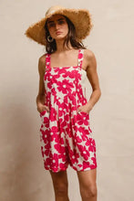 BiBi vibrant pink floral print short overall with square neckline and pockets