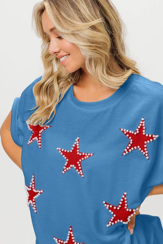 Bibi Fourth of July Terry T-Shirt with Red Star Embellishments DENIM RED