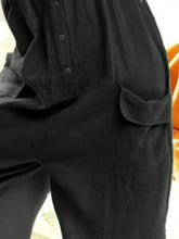 BiBi Gauze Buttoned Up Overall Jumpsuit in black linen, machine wash cold