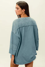 BiBi high-low washed t-shirt in teal blue with textured sleeves
