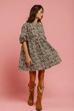 BiBi leopard denim dress with puff sleeves and back contrast tie detail in lightweight fabric and a-line silhouette