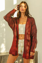 Cozy red black tie-dye open sweater cardigan with ribbed texture
