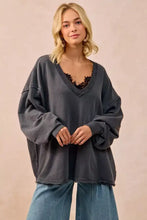 Dark gray oversized sweatshirt in french terry with frayed hem and cuffs styled with white sneakers