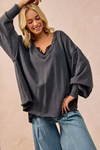 Dark gray bi bi mineral washed french terry oversized sweatshirt with v neckline and distressed frayed edges