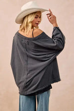 Dark gray bi bi mineral washed french terry oversized sweatshirt with distressed design and visible seam detailing