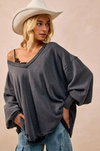 Dark gray oversized off-the-shoulder bi bi mineral washed french terry sweatshirt with distressed edges and v-neckline