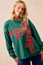Green BiBi fleece pullover with large red plaid bow and gold trim perfect for christmas fleece pullover best fit