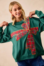 Green BiBi plaid ribbon bow detail fleece pullover with gold trim for the best fit christmas fleece pullover