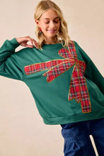 Green christmas fleece pullover with large red and gold plaid bow appliqué for the best fit festive wear
