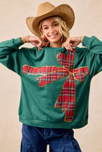 Green fleece pullover with large red plaid bow appliqué and gold trim for best fit christmas fleece pullover