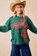 Green fleece pullover with large red plaid bow appliqué and gold trim perfect for christmas fleece pullover best fit