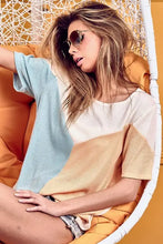 Bibi round neck color block short sleeve top in light blue and orange