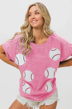 Bibi sequin baseball short sleeve t-shirt in pink acid wash with white baseball prints