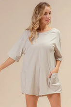BiBi short sleeve back open vintage wash romper, light gray tunic style