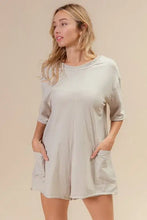 BiBi short sleeve vintage wash romper back with gray tunic dress view