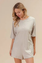 BiBi short sleeve back open vintage wash romper, light gray, relaxed fit