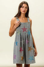 Bibi Star Rhinestone Washed Denim Short Overalls with Star Patches