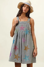 Bibi star rhinestone washed denim short overalls with colorful star patches