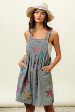 Bibi Star Rhinestone Washed Denim Short Overalls with Glitter Stars