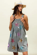 Bibi star rhinestone washed denim romper with glitter stars