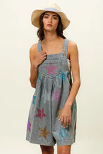 Bibi Star Rhinestone Washed Denim Short Overalls in Light Blue with Glitter Stars
