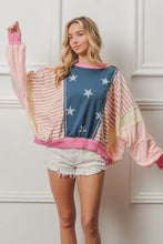 Bibi Stars long sleeve stripes round neck oversized pastel patchwork sweatshirt with star pattern and pink trim