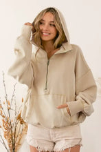 Beige BiBi stitch detailed half zip fleece hoodie with elastic hem and two large pockets zip fleece hoodie