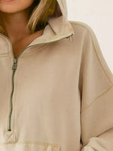 Beige BiBi half zip fleece hoodie with elastic hem and subtle stitching details for casual wear