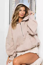 Bi bi stitch detailed beige fleece hoodie with elastic hem and half zip front made of soft slouchy fabric